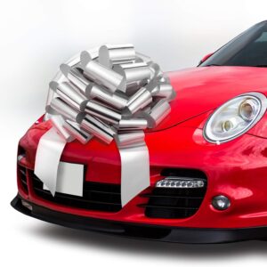 Mifflin-USA Big Car Bow (Metallic Silver, 23 inch) Gift Bow, Giant Bow for Car, Birthday Bow, Huge Car Bow, Car Bows, Big Silver Bow, Christmas Bow for Cars, Gift Wrapping, Big Gift Bow for Car Decor