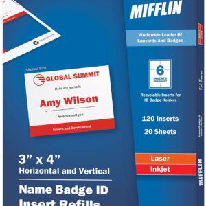 Mifflin-USA Name Badge Inserts, 3"x4" or 4"x3" Badge Inserts (120 Cardstock Refills, 20 Sheets), Compatible with Inkjet, Laser Printer, and Printable Badge Inserts