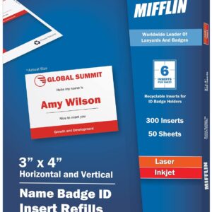 Mifflin-USA Name Badge Inserts, 3"x4" or 4"x3" Badge Inserts (300 Cardstock Refills, 50 Sheets), Compatible with Inkjet, Laser Printer, and Printable Badge Inserts