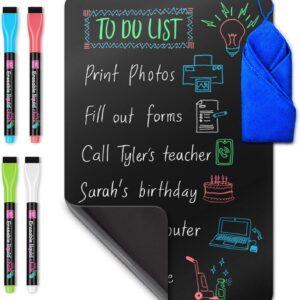 Mifflin-USA Magnetic Dry Erase Black Board Sheet for Fridge (12 x 8"), Stain-Resistant Refrigerator Blackboard Organizer, Kitchen Planner Board w/ 4 Fine-Tipped Markers & Convenient Wipe Cloth
