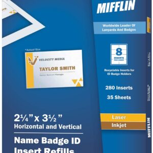 Mifflin-USA Name Badge Inserts, 2.25x3.5" or 3.5x2.25" Badge Inserts (280 Cardstock Refills, 35 Sheets), Compatible with Inkjet, Laser Printer, and Printable Badge Inserts