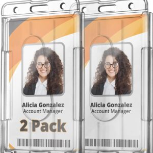 Mifflin Rigid ID Name Badge Holders (Clear, Vertical 3.35x2.1 inch, 2 Pack), Heavy-Duty Hard PC Plastic Identification Card Protectors, Transparent Tag w/ 2 Slots